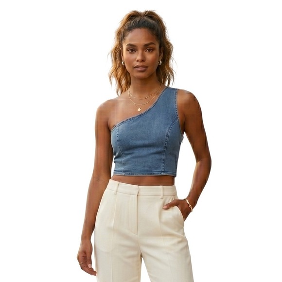 Le Lis Tops - LE LIS Denim One Shoulder Bustier Crop Top Blue Medium Wash Small